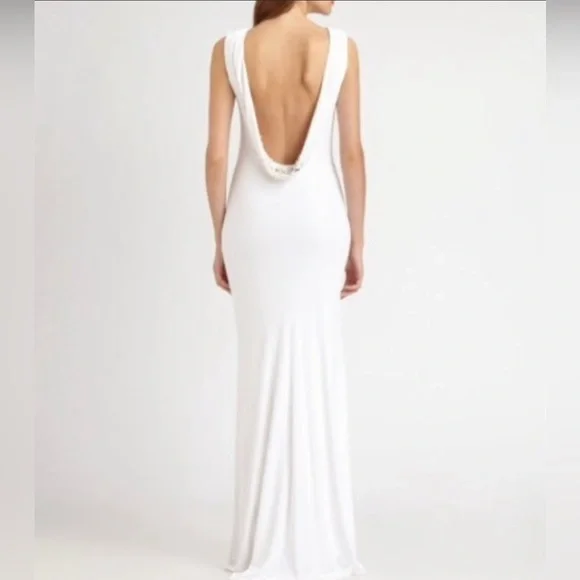 Badgley Mishcka Beaded Cowl Back Jersey White Gown - size 6. - Picture 2 of 12